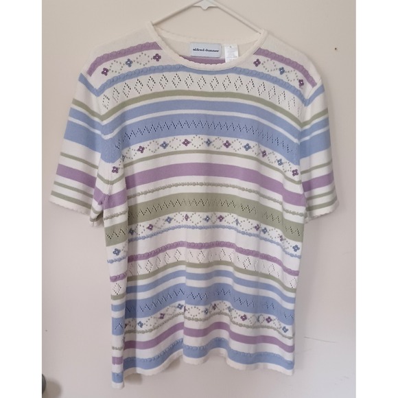 Alfred‎ Dunner Women's XL Pastel Stripe Knit Top Embellished Floral Beads Soft - Picture 2 of 6